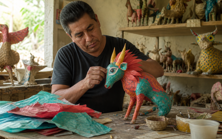 Artesano trabaja una figura de cartonería en un taller mexicano con papel, pinturas y herramientas sobre la mesa