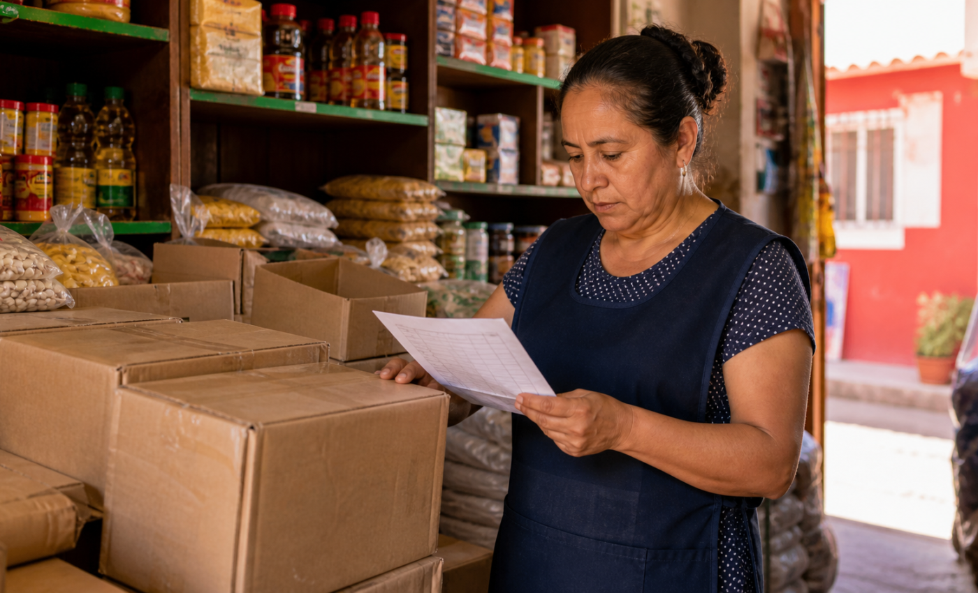 Dueña de una tienda revisa cajas y una hoja de inventario junto al mostrador
