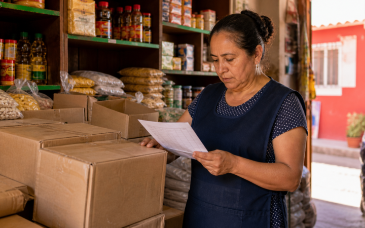 Dueña de una tienda revisa cajas y una hoja de inventario junto al mostrador