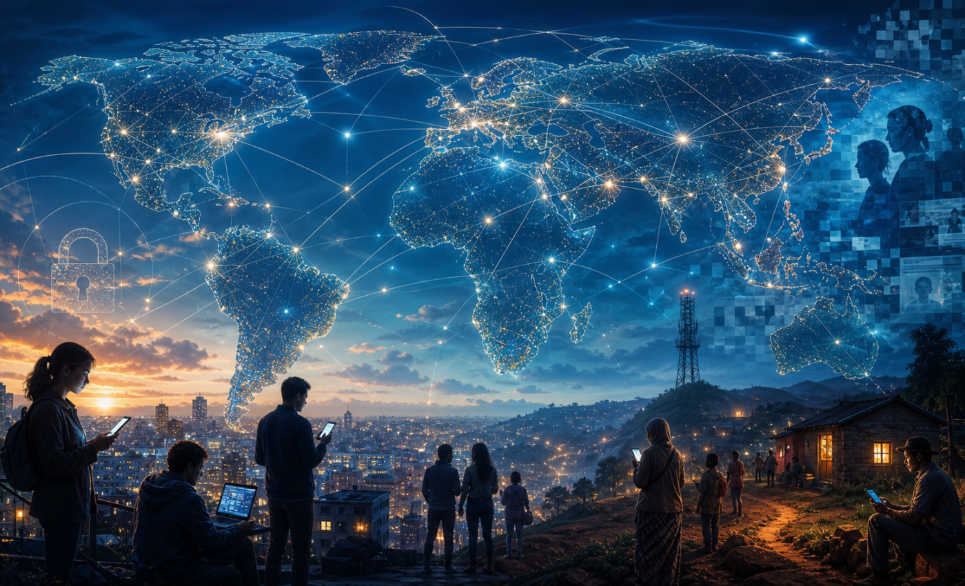 Red digital global que representa conexión, privacidad y brecha de acceso