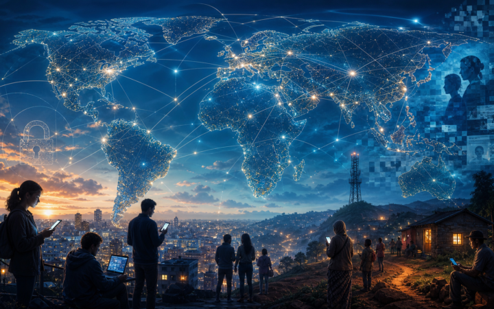 Red digital global que representa conexión, privacidad y brecha de acceso