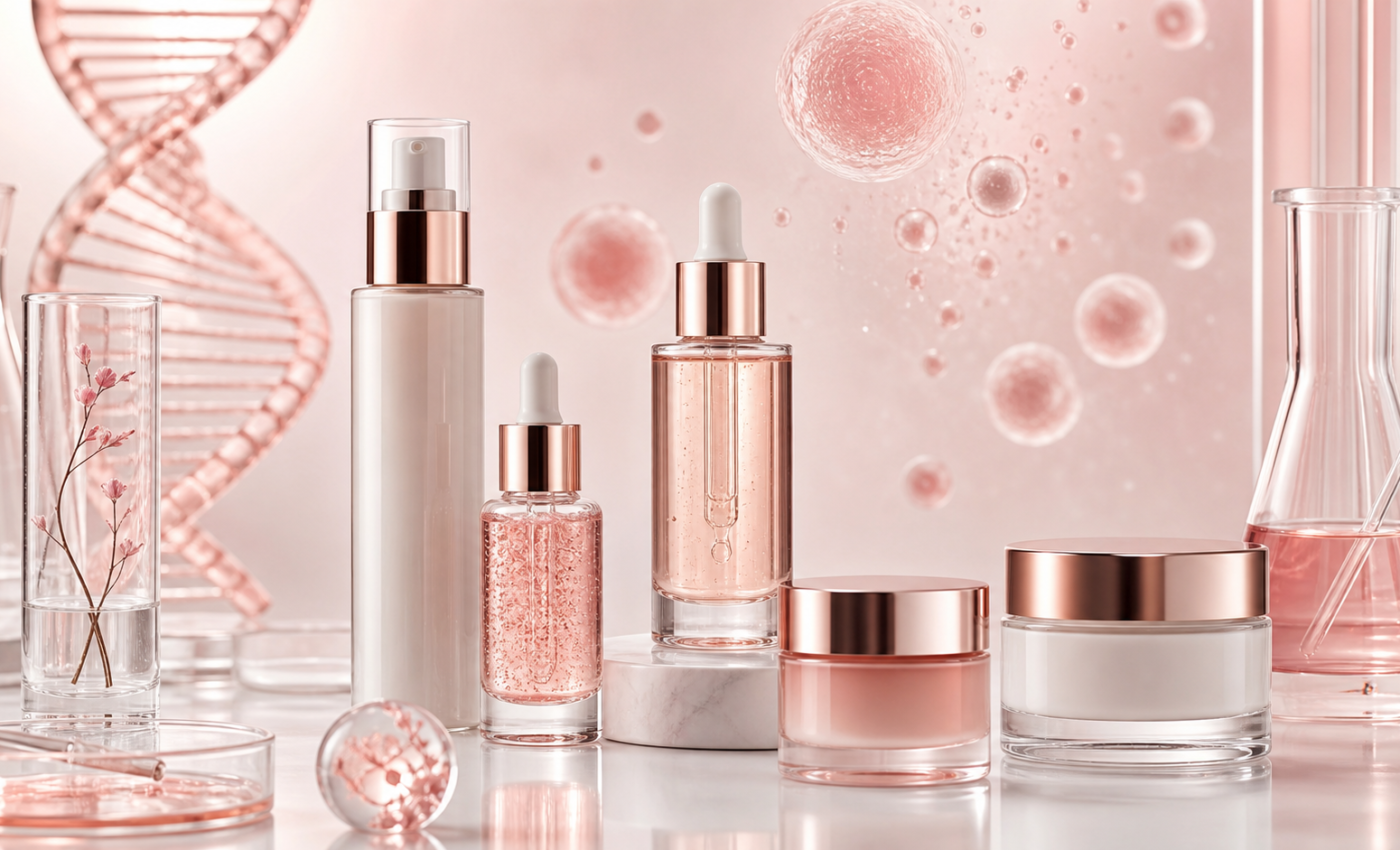 Sérums y cremas con PDRN y exosomas, ilustración editorial de skincare