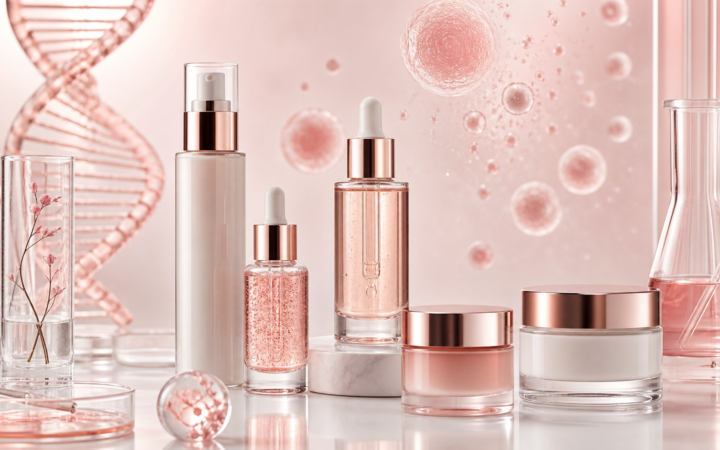 Sérums y cremas con PDRN y exosomas, ilustración editorial de skincare