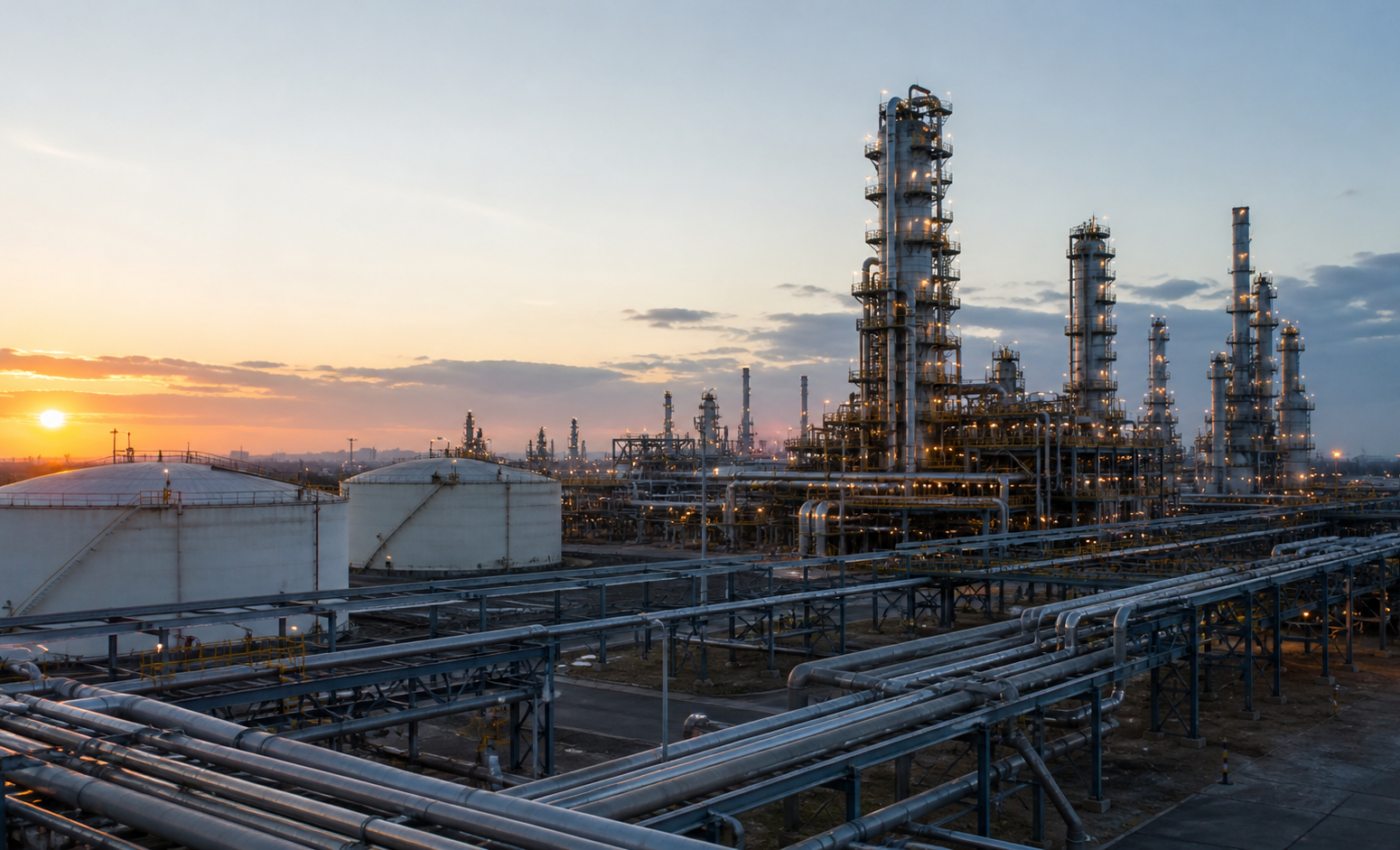 Complejo de refinación con tanques y tuberías industriales para ilustrar el desempeño operativo de PEMEX