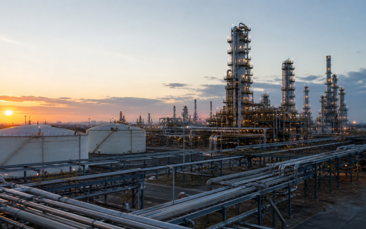 Complejo de refinación con tanques y tuberías industriales para ilustrar el desempeño operativo de PEMEX