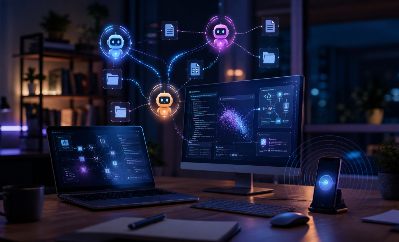 Asistentes de voz y agentes de inteligencia artificial coordinando tareas en una computadora