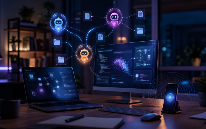 Asistentes de voz y agentes de inteligencia artificial coordinando tareas en una computadora