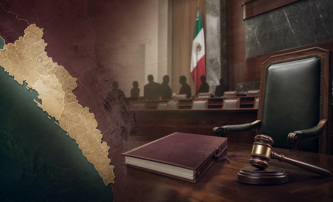 Mapa de Sinaloa, silla vacía y mazo legislativo simbolizan el proceso para nombrar gobernador interino