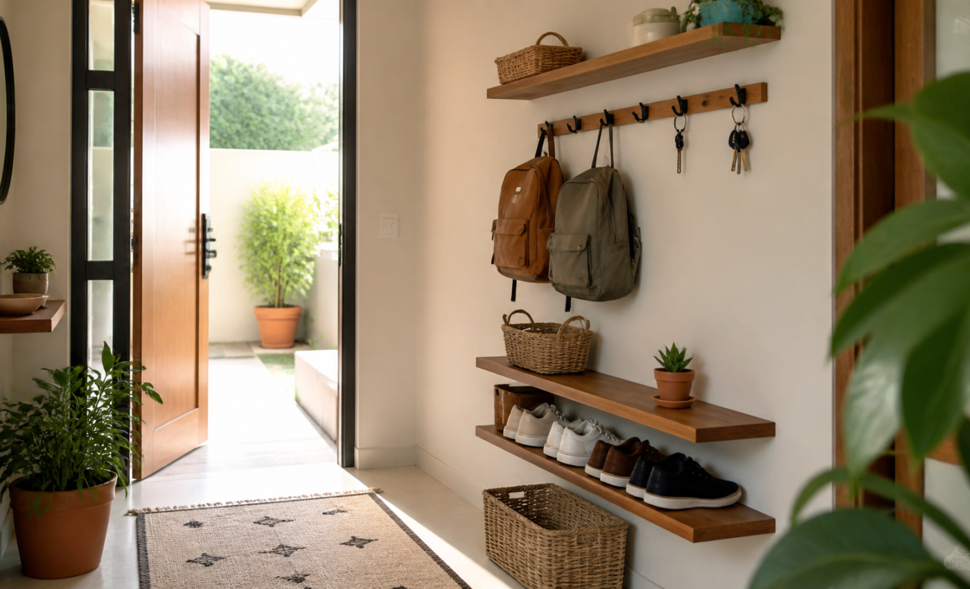 Recibidor de una vivienda mexicana con ganchos, repisas y canastas verticales para llaves, bolsas y zapatos