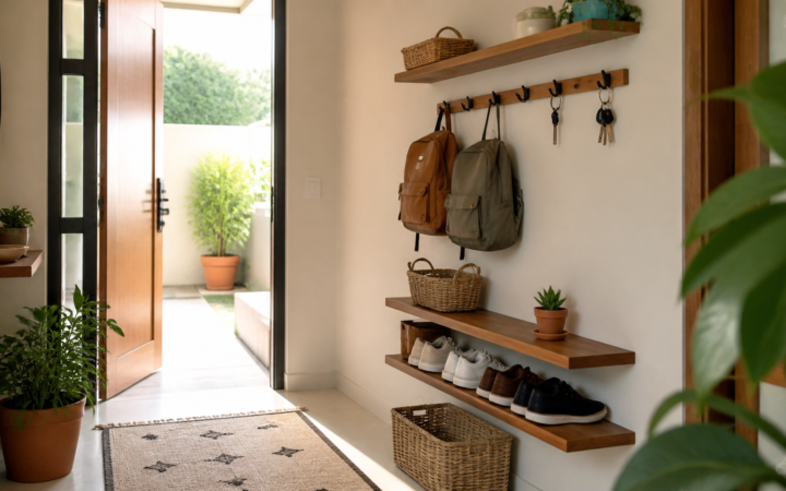 Recibidor de una vivienda mexicana con ganchos, repisas y canastas verticales para llaves, bolsas y zapatos