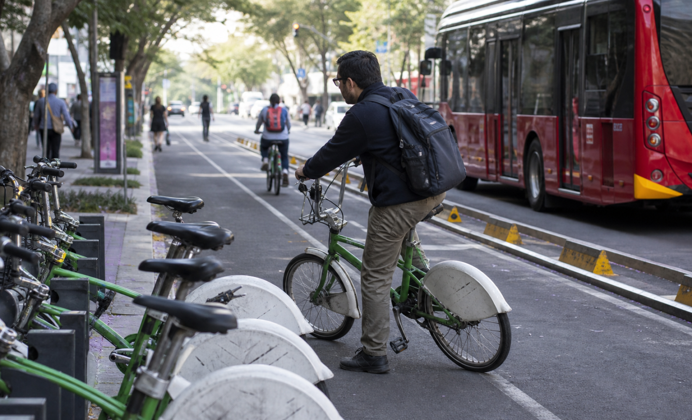 Persona usando una bicicleta pública ECOBICI junto a una cicloestación y una avenida de Ciudad de México.