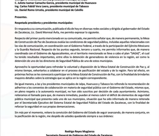 Carta del secretario general de Gobierno de Zacatecas dirigida a presidentes municipales sobre coordinación y seguridad pública