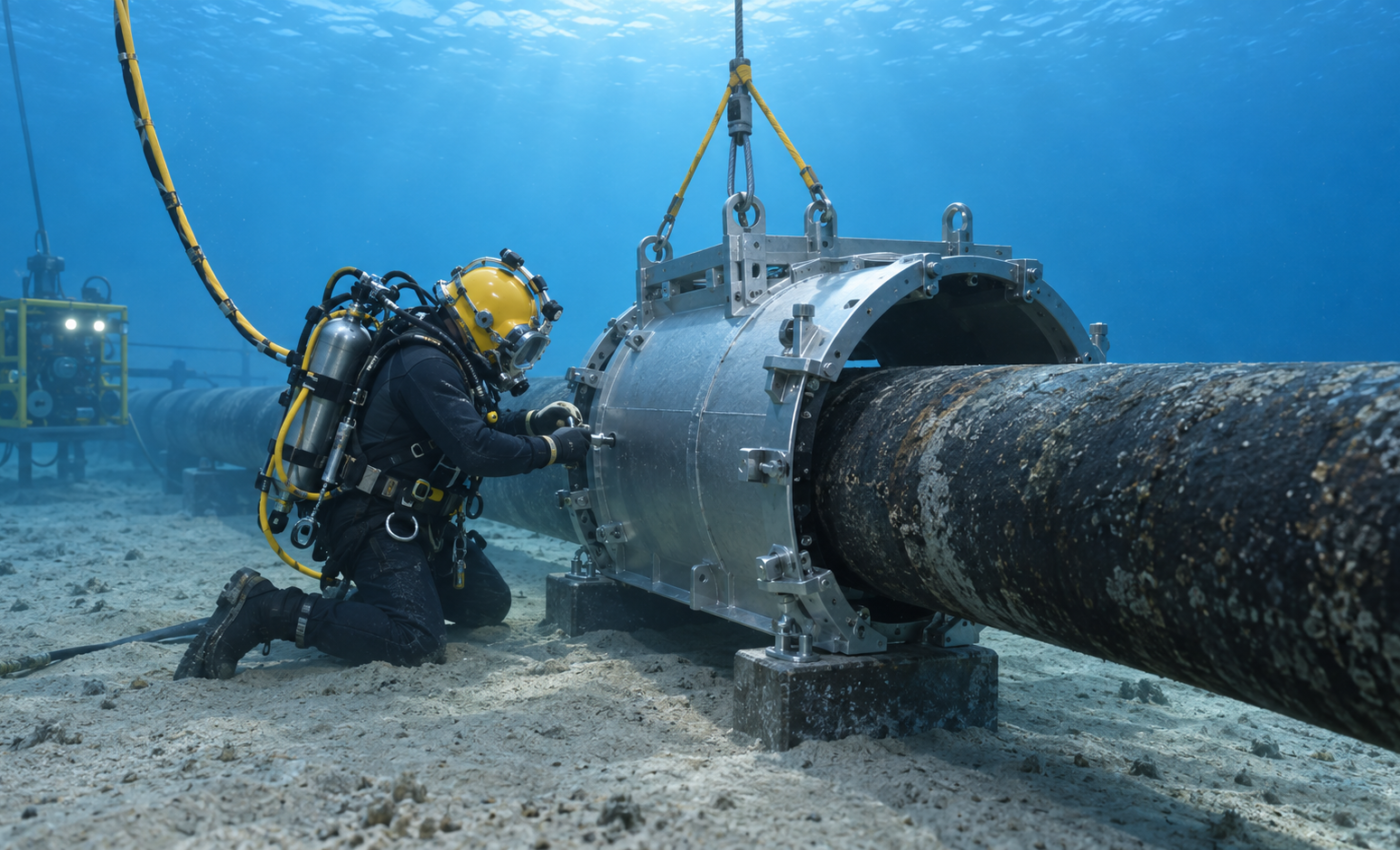 Buzo técnico trabaja junto a un ducto marino durante una operación de reparación submarina